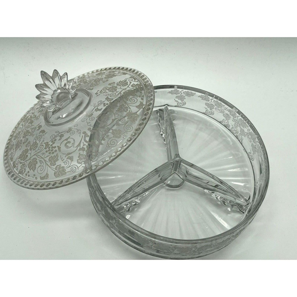 Vintage Depression Fostoria Glass 3 Part Divided Candy Dish Etched Grapes & Vine
